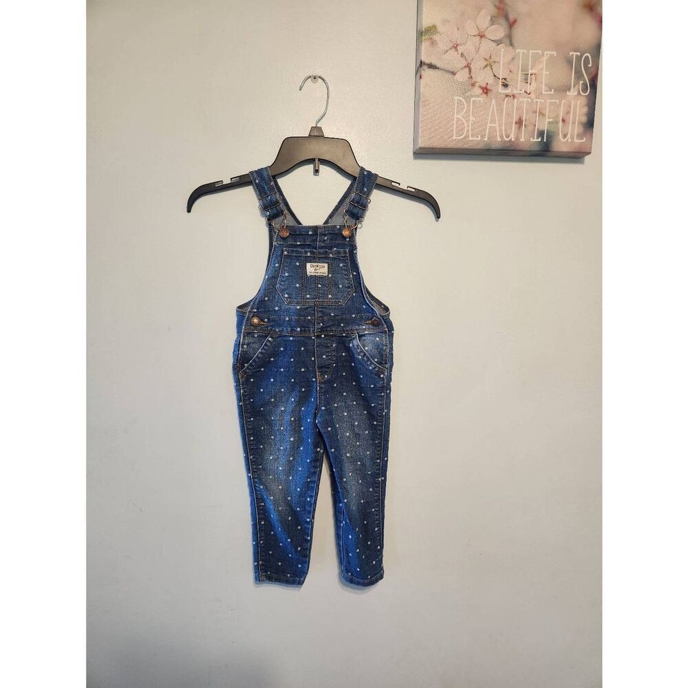 Oshkosh B'gosh 2T Overalls Polka Dot Denim Blue White Pockets